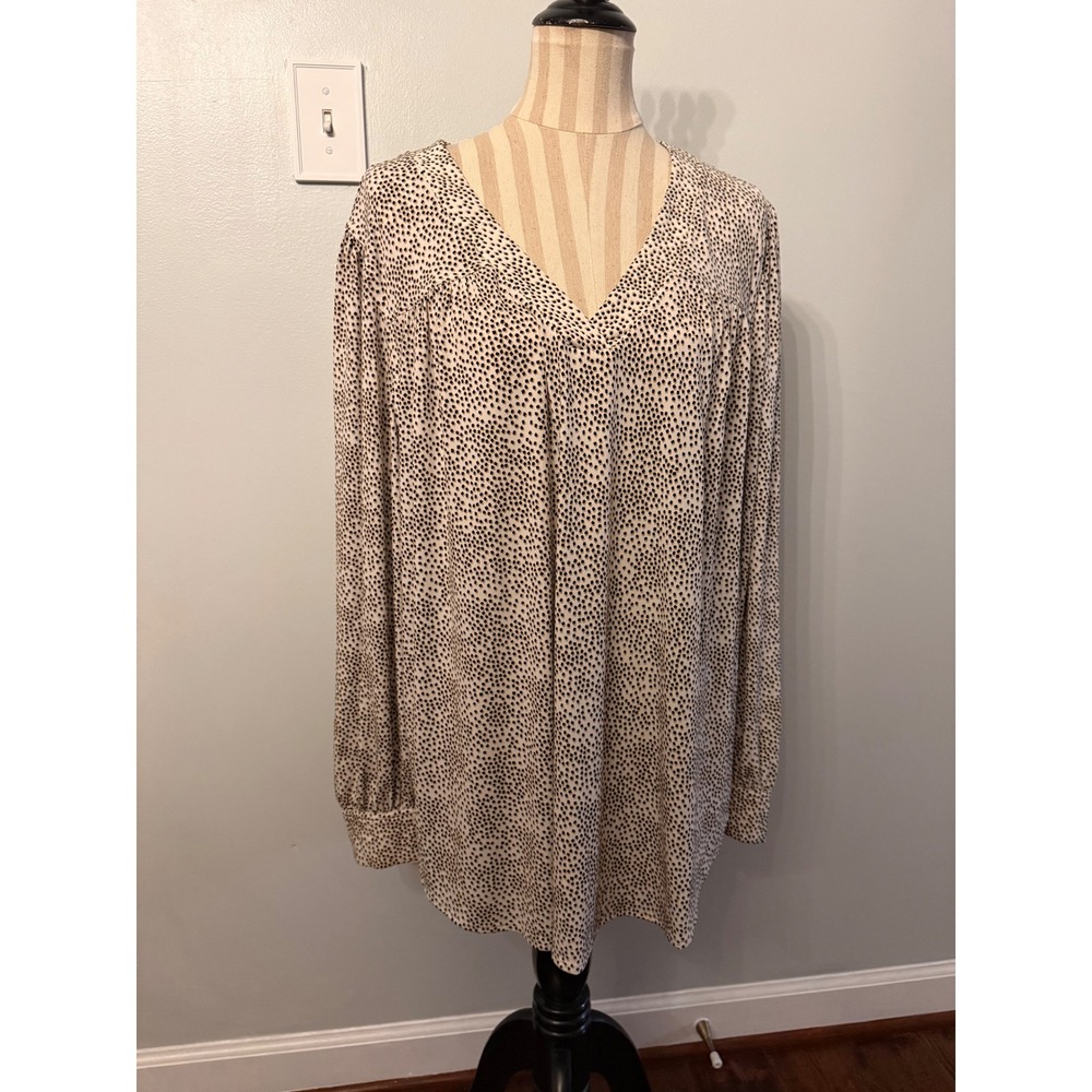 Lane Bryant Blouse Womens 22/24 Cream Black Dot Print V-Neck Long Sleeve Top
